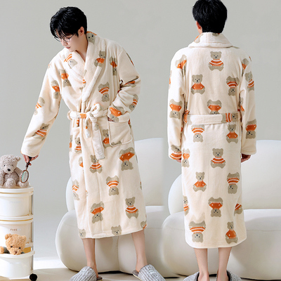 睡袍睡衣男秋冬季加厚珊瑚绒大码外穿浴袍保暖长袖春秋法兰绒新款