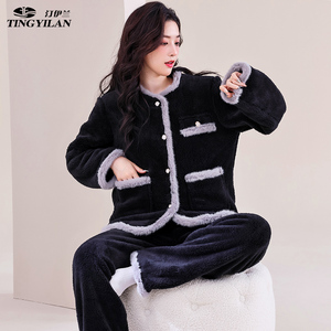 汀伊兰品牌秋冬睡衣女小香风珊瑚绒加厚保暖简约可外穿家居服套装