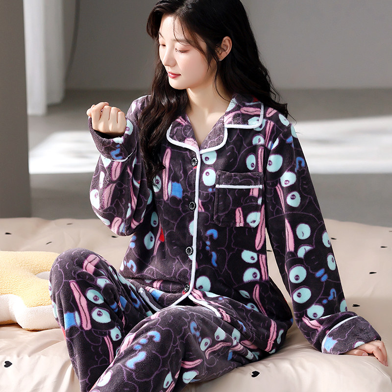 睡衣女秋冬季加厚套装家居服保暖长袖春秋新款珊瑚绒法兰绒可外穿