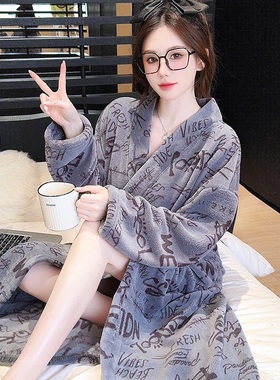 和服睡袍女秋冬季加厚珊瑚绒保暖长袖春秋法兰绒新款睡衣外穿浴袍