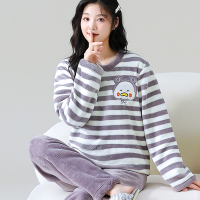 睡衣女秋冬季加厚套装家居服保暖长袖春秋新款珊瑚绒法兰绒可外穿