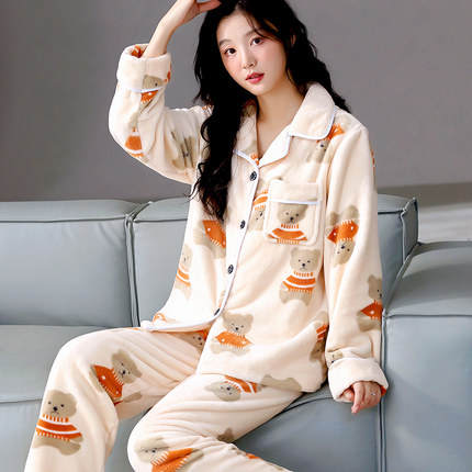 睡衣女秋冬季加厚套装家居服保暖长袖春秋新款珊瑚绒法兰绒可外穿