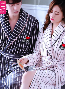 条纹爱心情侣睡袍休闲加厚法兰绒浴袍珊瑚绒男女浴衣加长睡衣秋冬