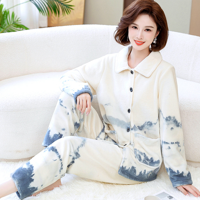 睡衣女秋冬中老年加厚套装妈妈奶奶保暖长袖春秋婆婆珊瑚绒法兰绒