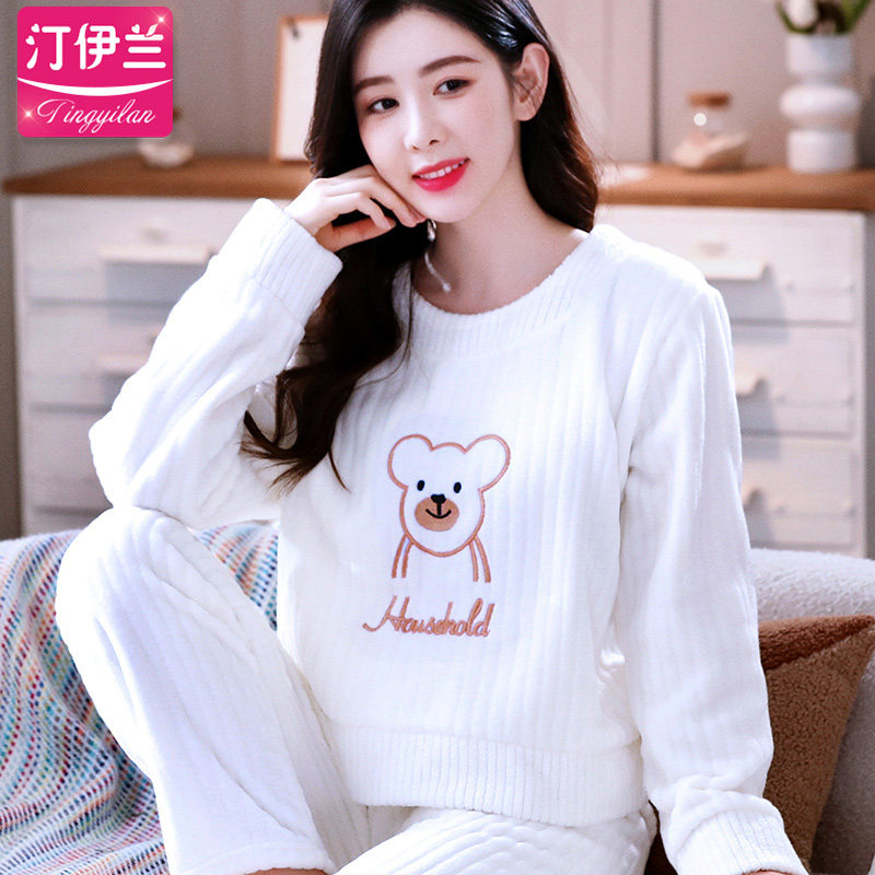 汀伊兰睡衣女可爱加厚法兰绒套装家居服长袖秋冬季加绒珊瑚绒外穿