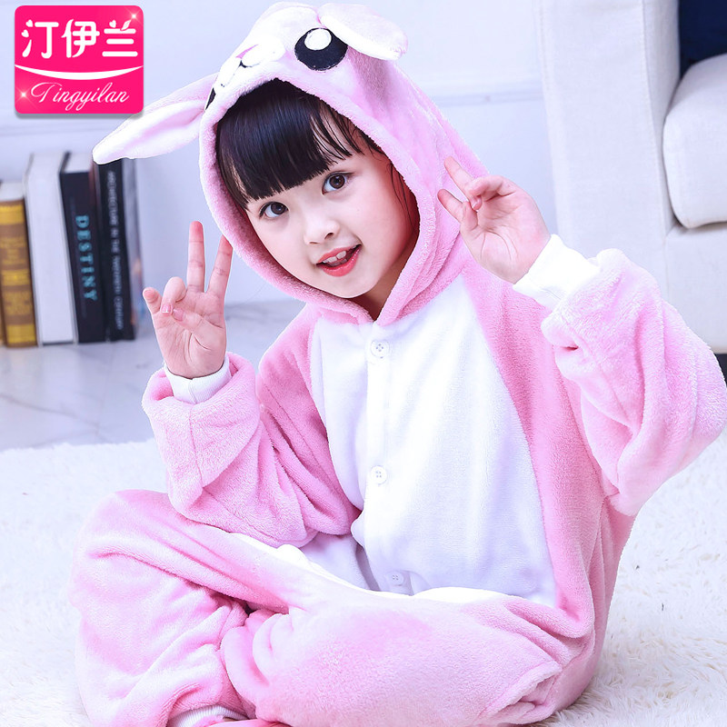 法兰绒动物粉色小兔子连体睡衣可爱卡通秋冬款珊瑚绒宝宝款家居服