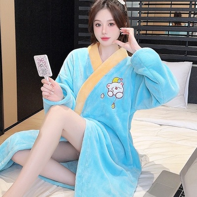 和服睡袍女秋冬季加厚珊瑚绒保暖长袖春秋法兰绒新款睡衣外穿浴袍
