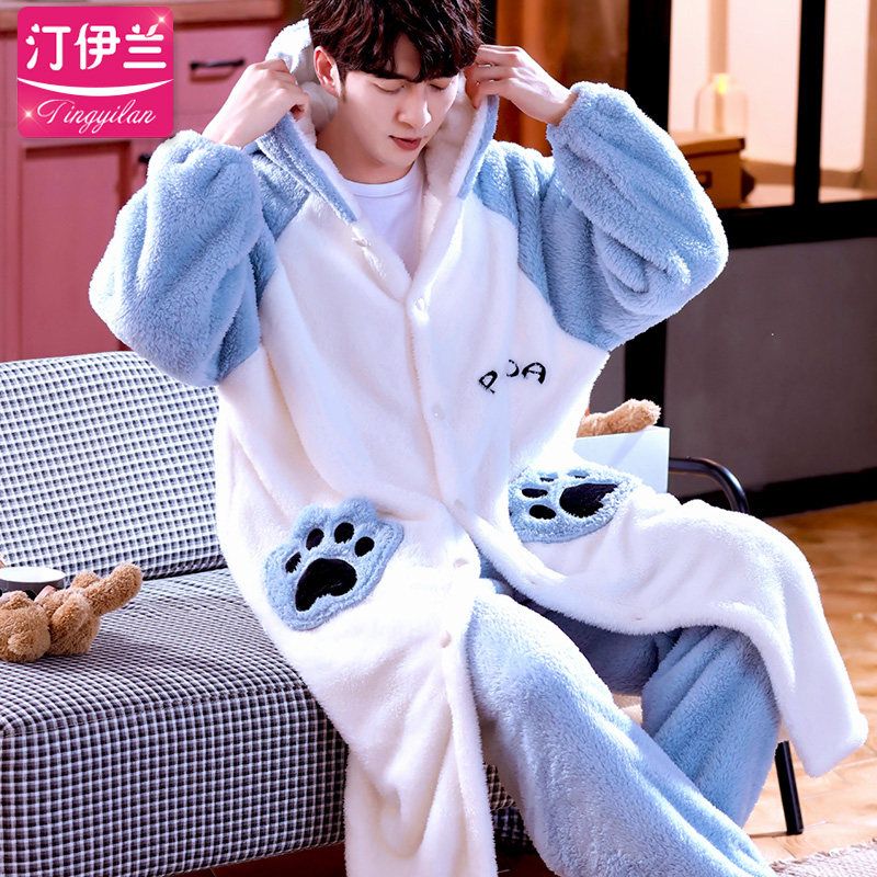 【睡袍+睡裤】男士睡衣加厚珊瑚绒秋冬珊瑚绒套装家居服长款春秋