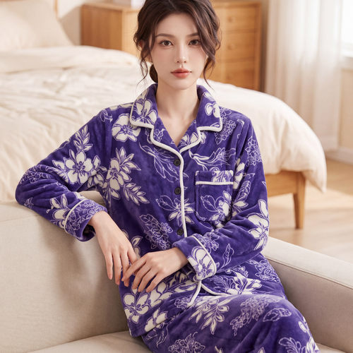 睡衣女秋冬季加厚套装家居服保暖长袖春秋新款珊瑚绒法兰绒可外穿