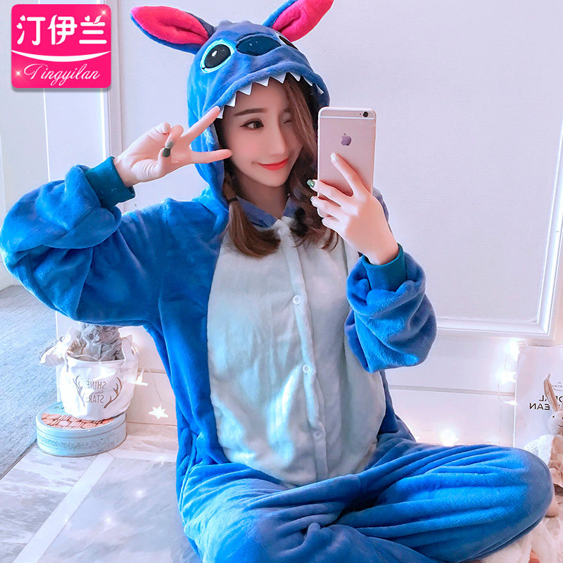 史迪奇睡衣女连体卡通套装家居服长袖秋冬季加厚法兰绒珊瑚绒可爱