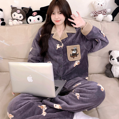 睡衣女秋冬季加厚套装家居服保暖长袖春秋新款珊瑚绒法兰绒可外穿