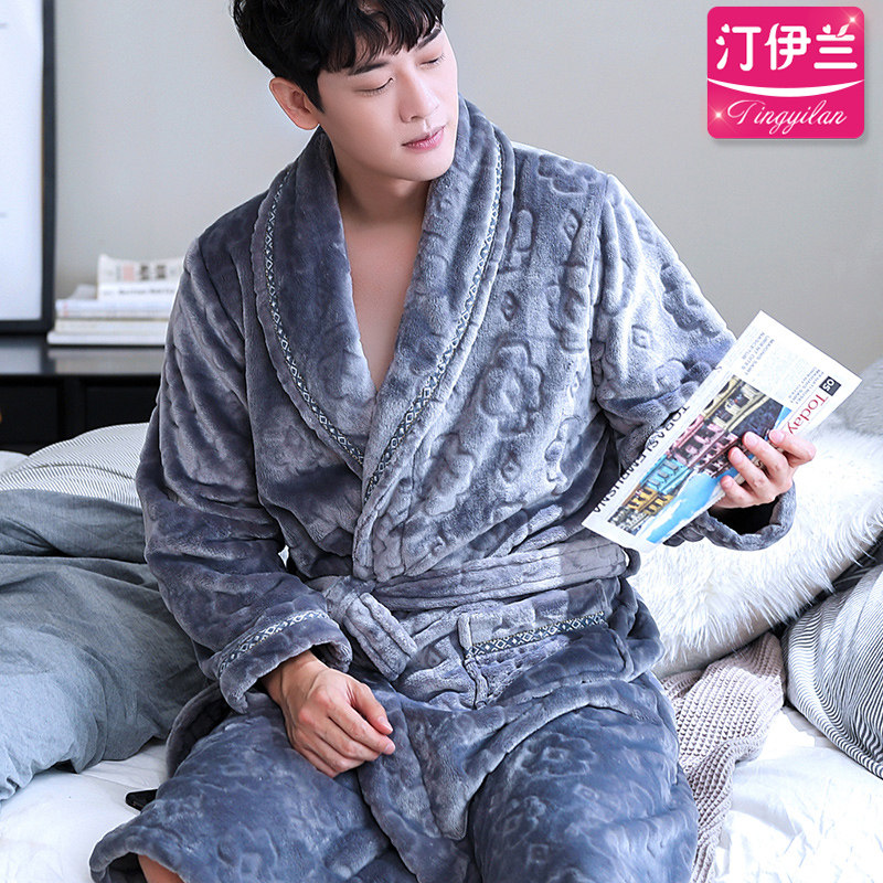 新款灰色男士睡袍加厚珊瑚绒秋冬睡衣浴袍法兰绒浴衣冬天胖子大码