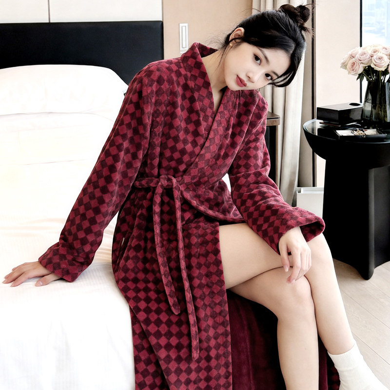 和服睡袍女秋冬季加厚珊瑚绒保暖长袖春秋法兰绒新款睡衣外穿浴袍
