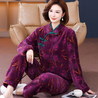睡衣女秋冬中老年加厚套装妈妈奶奶保暖长袖春秋婆婆珊瑚绒法兰绒