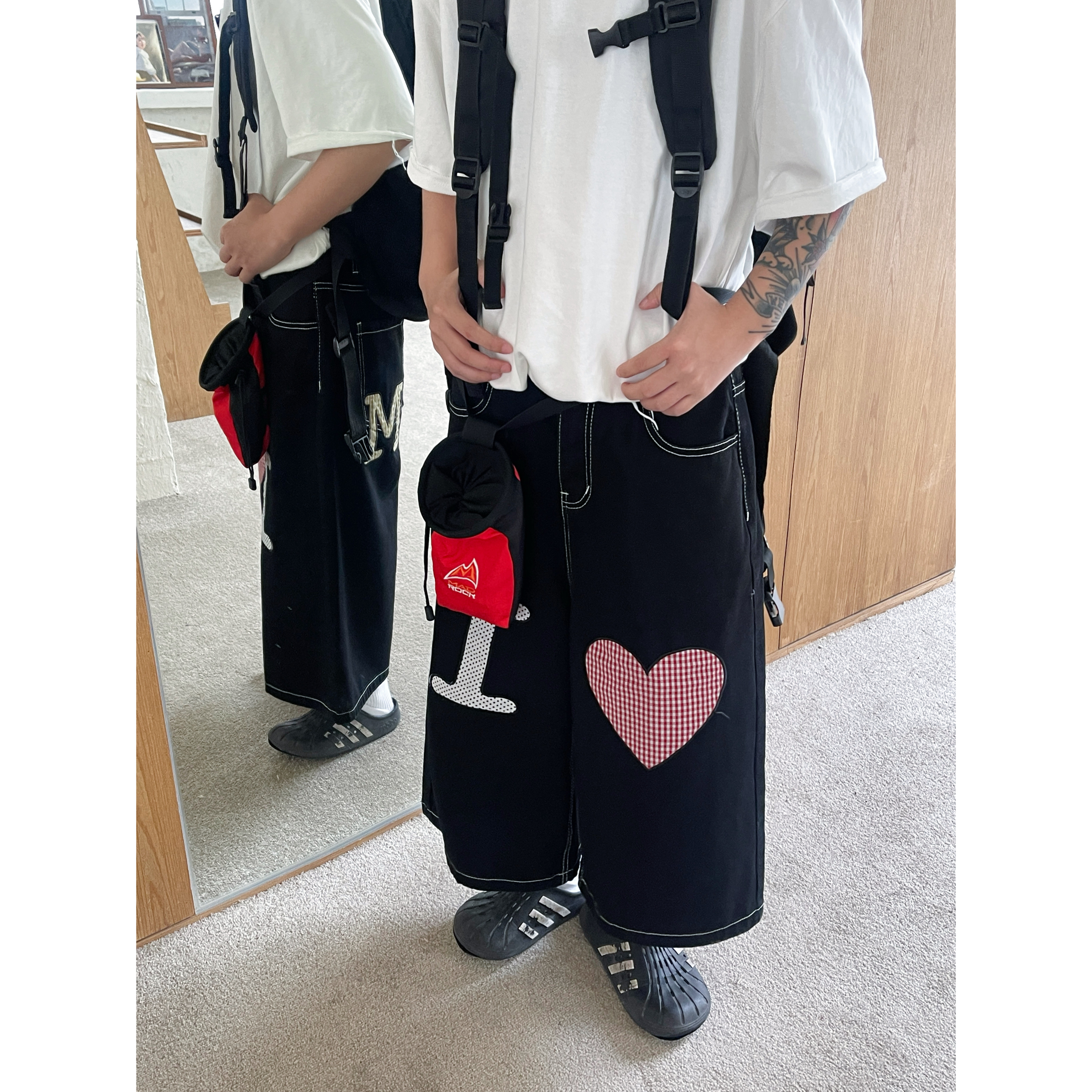 JUSHOUREN 美式复古爱心贴布绣牛仔七分裤男女夏季配链条阔腿裤潮