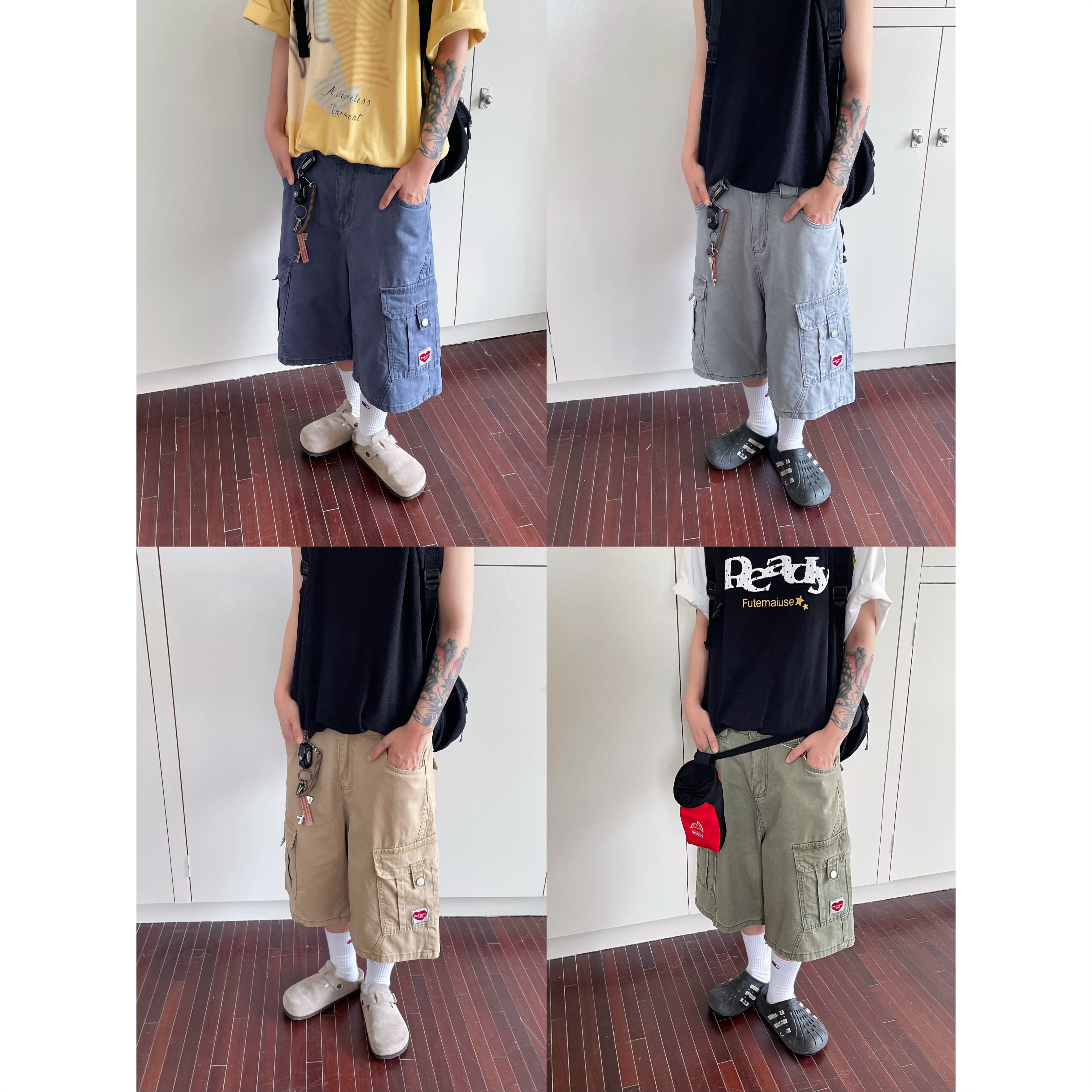 JUSHOUREN 美式工装口袋爱心布贴休闲短裤男女宽松夏季新款七分裤