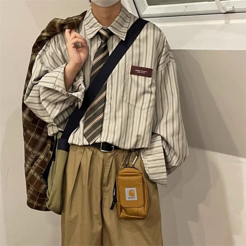 巨兽人春秋新款长袖衬衫日系复古港风翻领长袖条纹男女装休闲衬衣