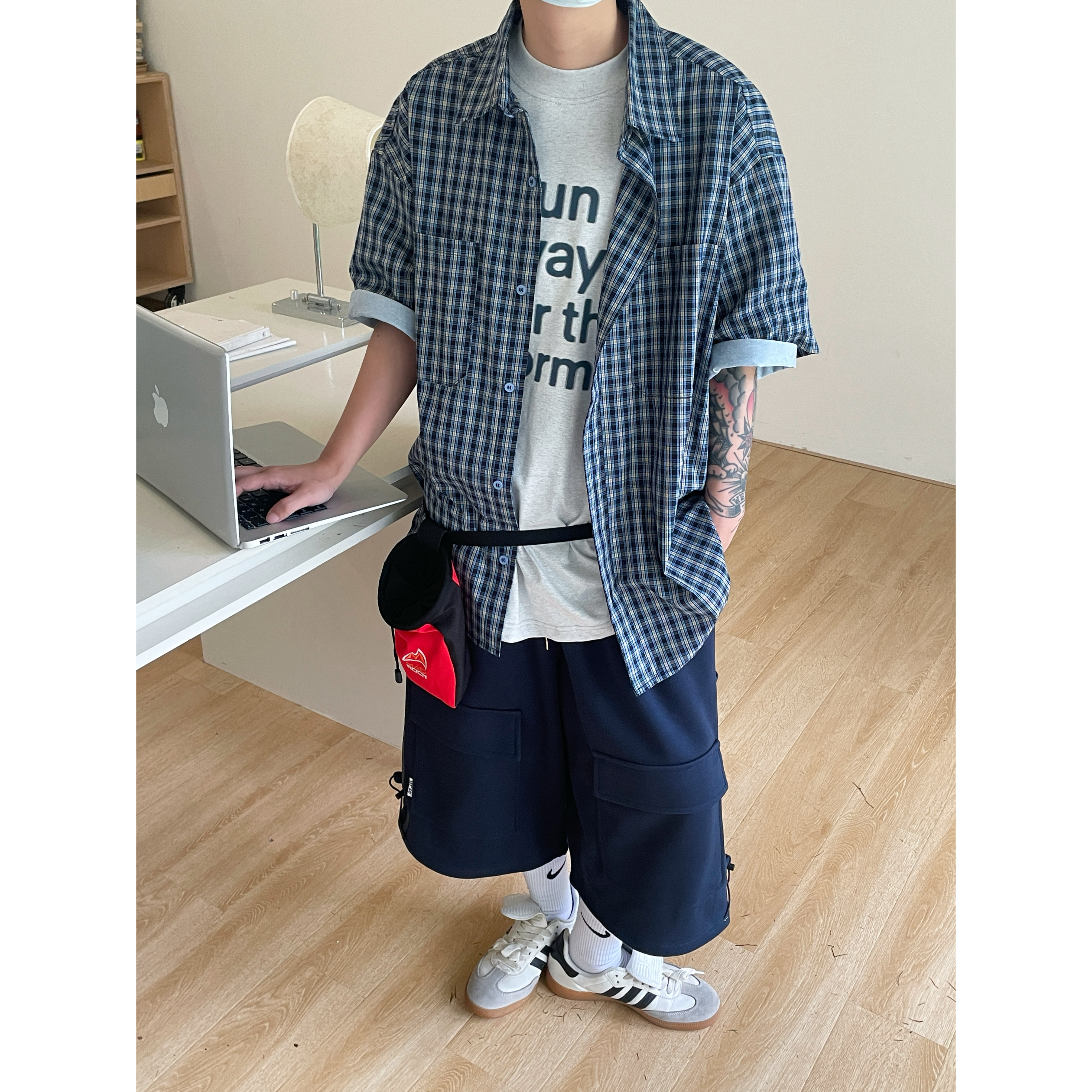 JUSHOUREN 美式复古夏季防晒格纹衬衫短袖男女宽松休闲少年感衬衣
