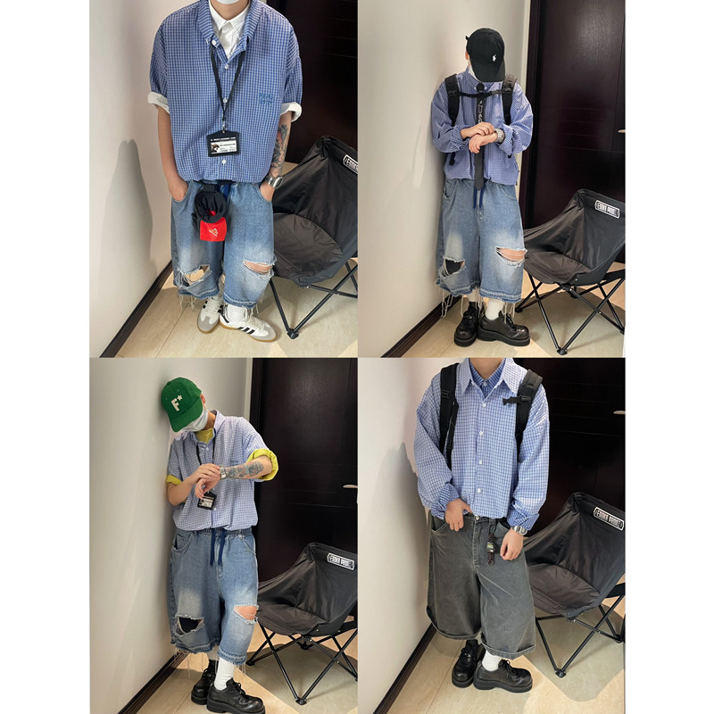 JUSHOUREN 美式复古蓝格子短袖衬衫男女宽松休闲百搭刺绣衬衣外套