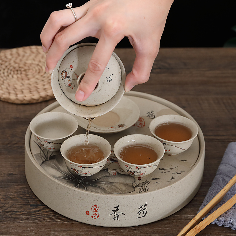 陶土旅行功夫茶具套装小盖碗四杯便携户外家用潮汕工夫茶具小茶盘