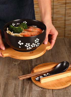 日式陶瓷泡面碗带盖勺竹木垫釉下彩碗黑色餐具复古拉面碗大碗汤碗