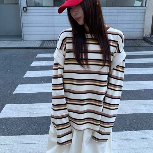 WAIT MORE 秋季韩系撞色条纹长袖T恤女百搭宽松休闲打底上衣6038