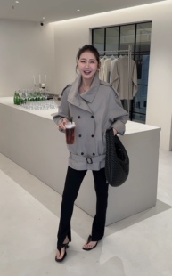 WIDELIA陈姬儿春秋韩版宽松显瘦百搭翻领风衣双排扣外套女7023