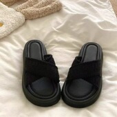 森系仙女风夏日海边沙滩厚底一字凉拖鞋 休闲百搭拖鞋 复古时尚 法式