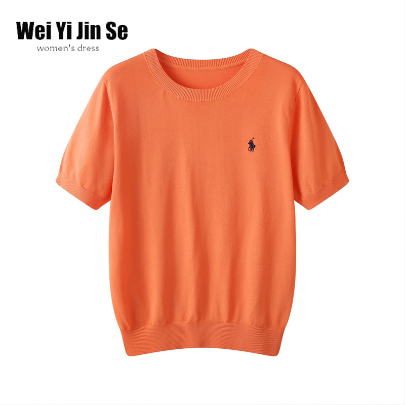 唯衣瑾色夏新款正肩女t恤圆领修身小马刺绣收腰冰丝针织短袖上衣
