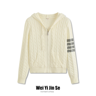 韩版慵懒风tb四道杠学院风长袖连帽麻花针织拉链开衫女毛衣外套潮