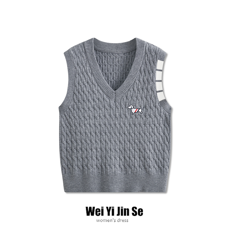 韩版tb四道杠马甲女秋冬新款v领修身叠穿小狗刺绣学院风针织背心