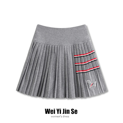 韩版tb小狗刺绣韩版条纹学院风减龄针织百褶裙女半身裙短裙秋冬款