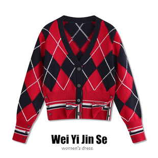 韩版tb宽松复古撞色菱格纹V领针织开衫女学院风毛衣高腰短款外套