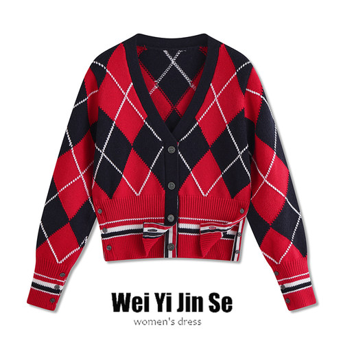 韩版tb宽松复古撞色菱格纹V领针织开衫女学院风毛衣高腰短款外套