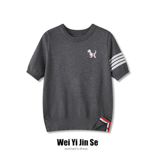 灰色T恤女夏季新款圆领修身韩版tb四条杠学院风减龄针织短袖上衣