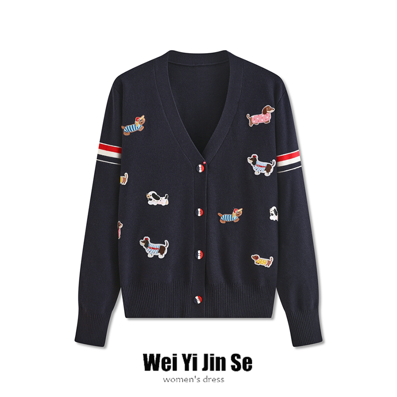 高版本学院风设计感满身小狗贴标双袖彩条v领针织开衫女外套上衣