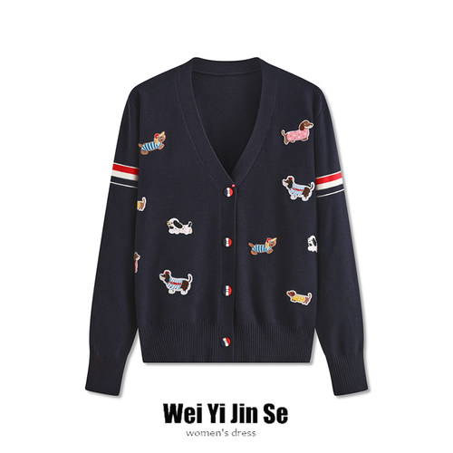 高版本学院风设计感满身小狗贴标双袖彩条v领针织开衫女外套上衣