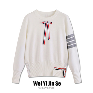 蝴蝶结圆领长袖毛衣女秋冬新款宽松韩版tb针织打底衫内搭叠穿上衣