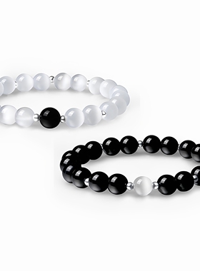 天然黑曜石手串男士昼夜之星情侣手链一对猫眼石串珠送男女友礼物