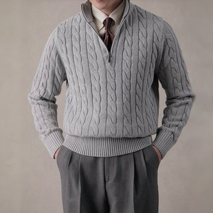 男士秋冬轻奢老钱风立领拉链针织衫RL同款复古绞花纯棉半高领毛衣