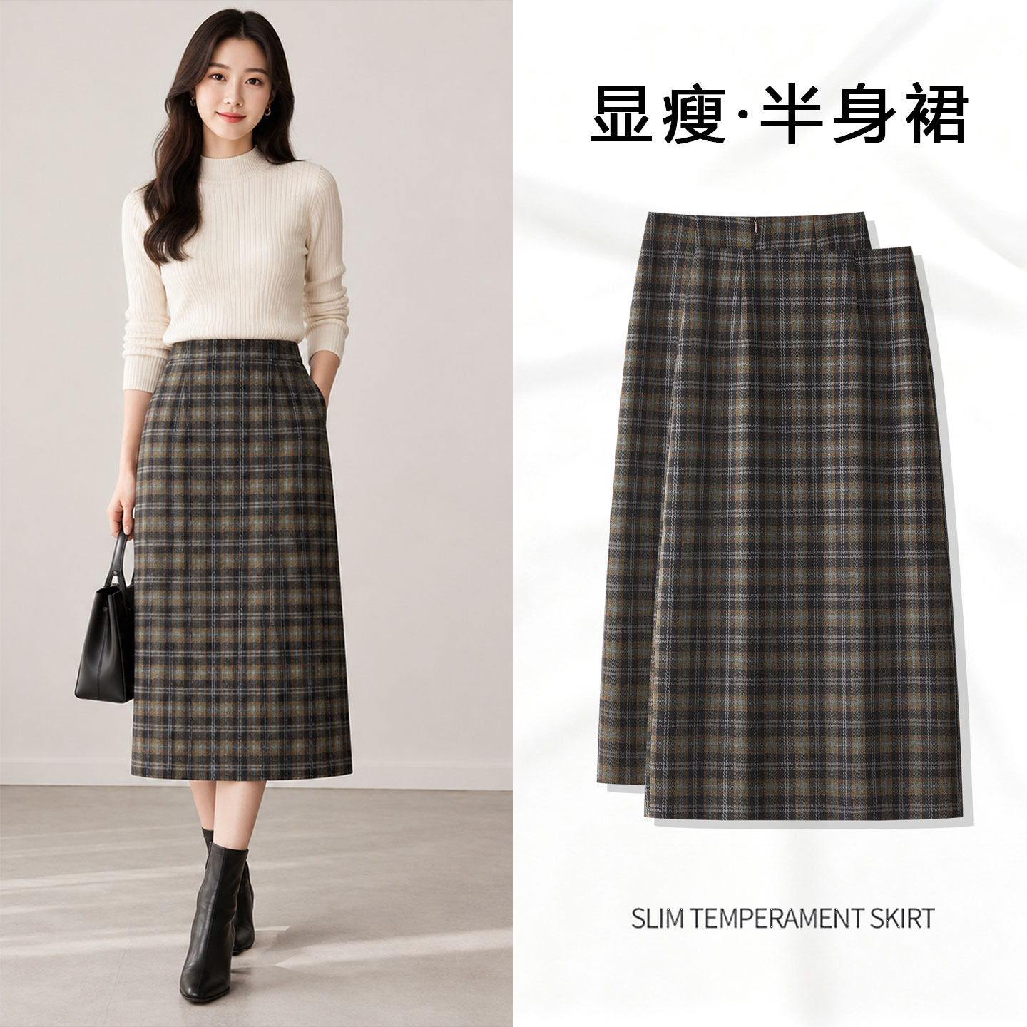 格子毛呢裙半身裙女中长款
