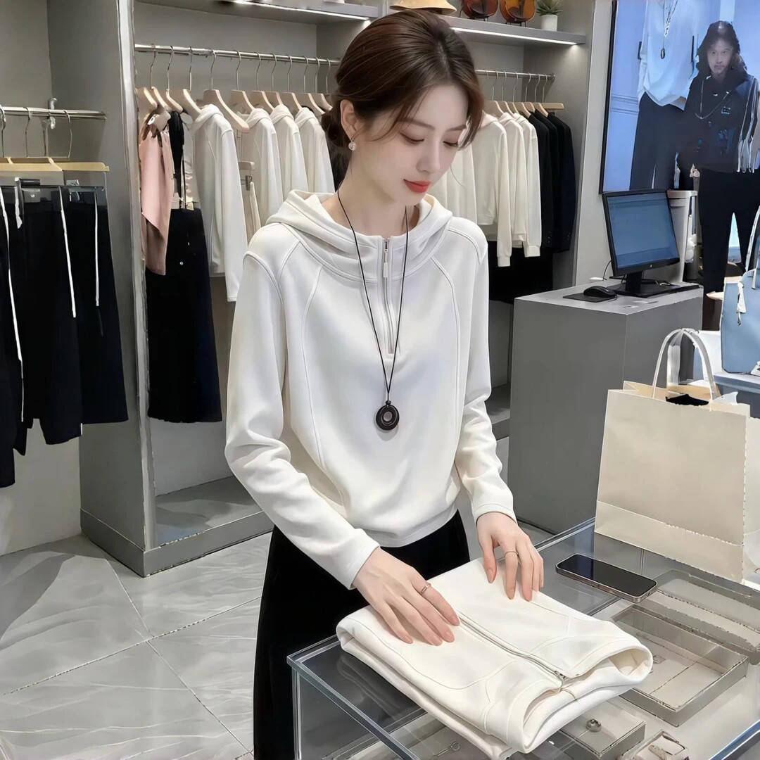 韩系半拉链连帽长袖卫衣女