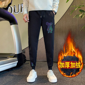 春装加绒卫裤加厚保暖长裤男士运动裤潮牌修身小脚裤网红束脚裤子图片