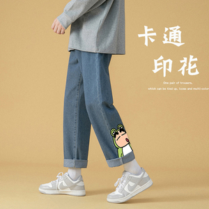 加绒牛仔裤纯色直筒长裤宽松阔腿裤蜡笔小新印花休闲裤K27P50图片