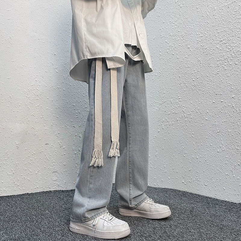 编织绳牛仔裤潮牌男士直筒宽松阔腿裤大码拖地裤港风休闲裤K37P45,男装牛仔裤,星座712-1