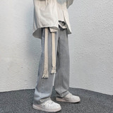 编织绳牛仔裤潮牌男士直筒宽松阔腿裤大码拖地裤港风休闲裤K37P45，男装牛仔裤，星座712-1