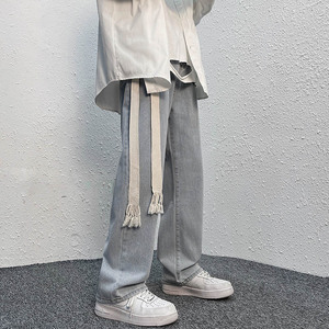 编织绳牛仔裤潮牌男士直筒宽松阔腿裤大码拖地裤港风休闲裤K37P45