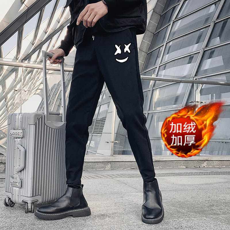 加绒裤子冬季新款男士休闲裤加厚长裤潮牌笑脸印花束脚裤网红裤，男装休闲裤，星座712-1