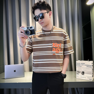 条纹短袖t恤男士夏季2024新款薄款体恤宽松美式高街上衣TX03-P58,男装T恤,星座712-1