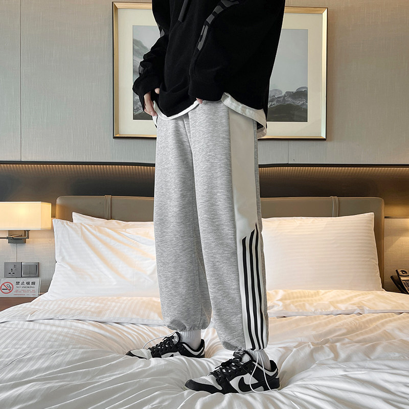 青少年运动裤春装潮流百搭拼接条纹裤男士休闲裤抽绳束脚卫裤 K18图片